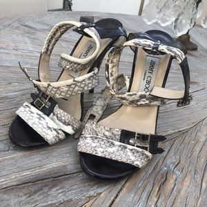 Jimmy Choo python and dark brown patent 4inch heel